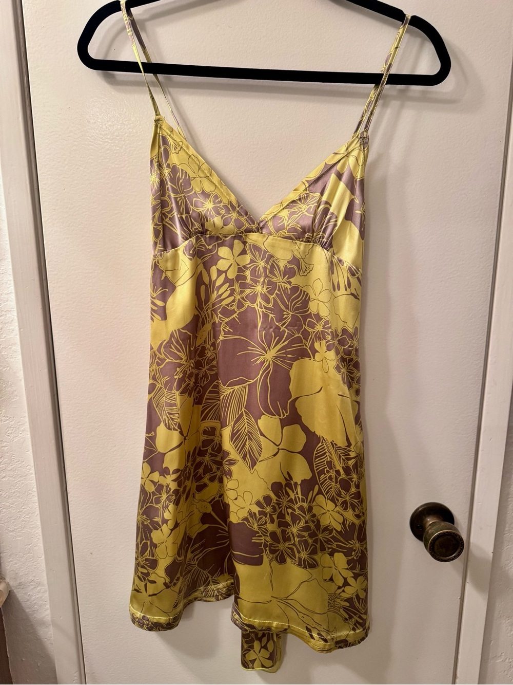 Yellow Floral Satin Slip Mini Dress with Brown Print